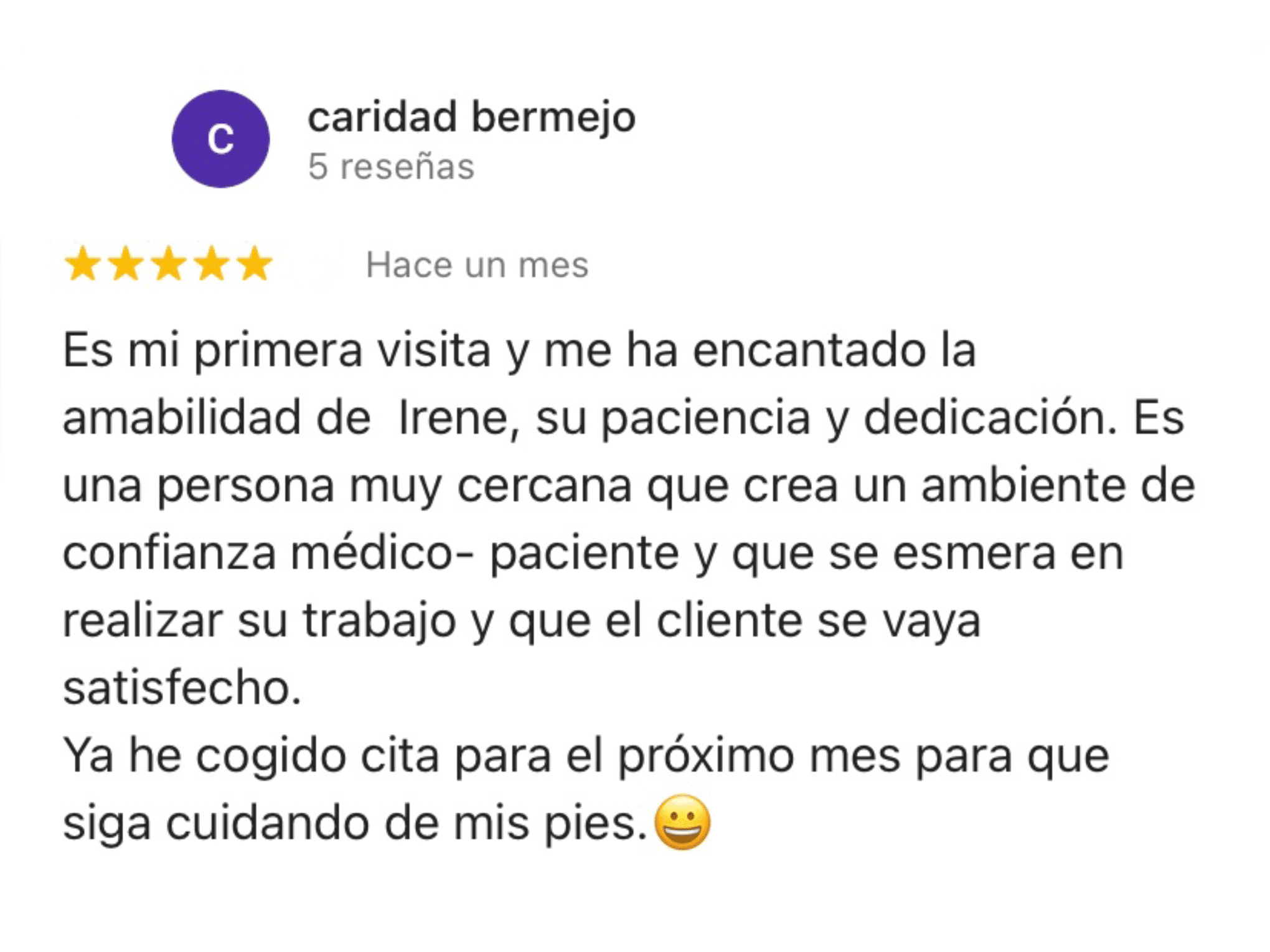 Reseña positiva de un paciente